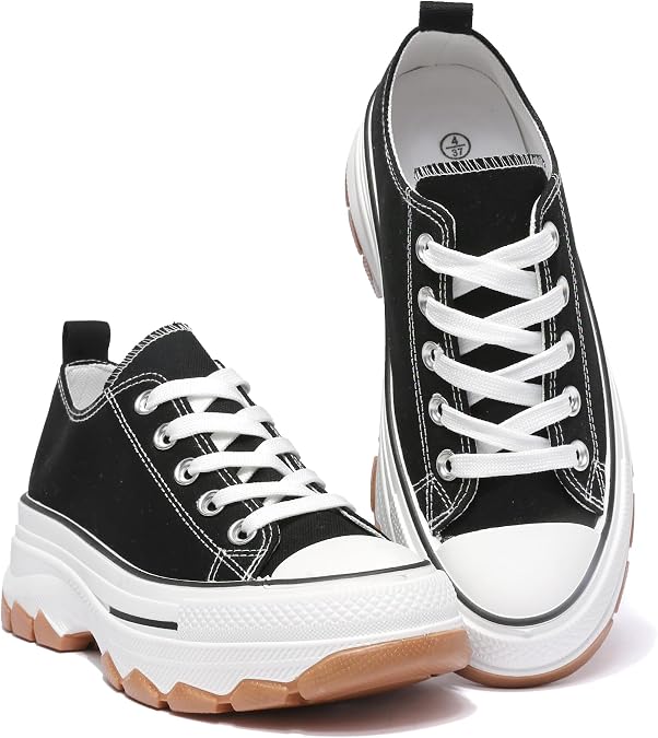 Women’s Platform Canvas Sneakers – 5cm Thick Sole Lace-Up Trainers | Low-Top Chunky Shoes for Casual Streetwear & Daily Comfort