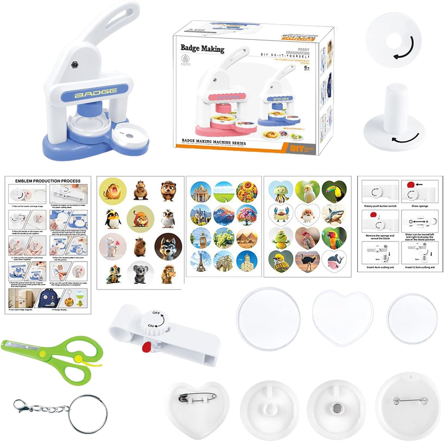 Jukeoiu Buttonmaschine Abzeichen Herstellungsmaschine Button Maker Pinmaker Mit Herzförmig Runden DIY Button Badge Magnete Schlüsselanhänger(B)