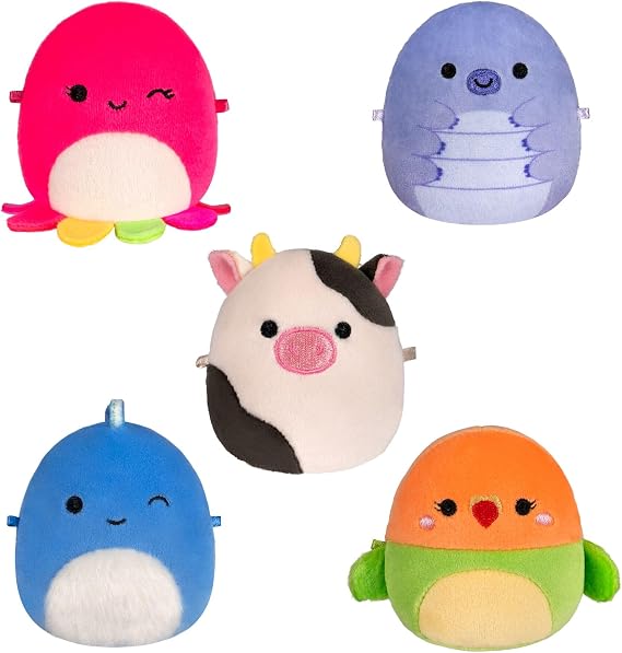Squishmallows Original Micromallows Plush 5-Pack - Bear, Cow, Dinosaur, Love Bird & Octopus 2.5-Inch Plush