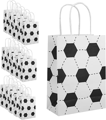 16pcs Soccer Gift Bags, White Kraft Paper Snack Football Party Gift Bag Sports Theme Party Decorations Candy Treat Football Goodie Bags for Birthday Parties Decor Supplies