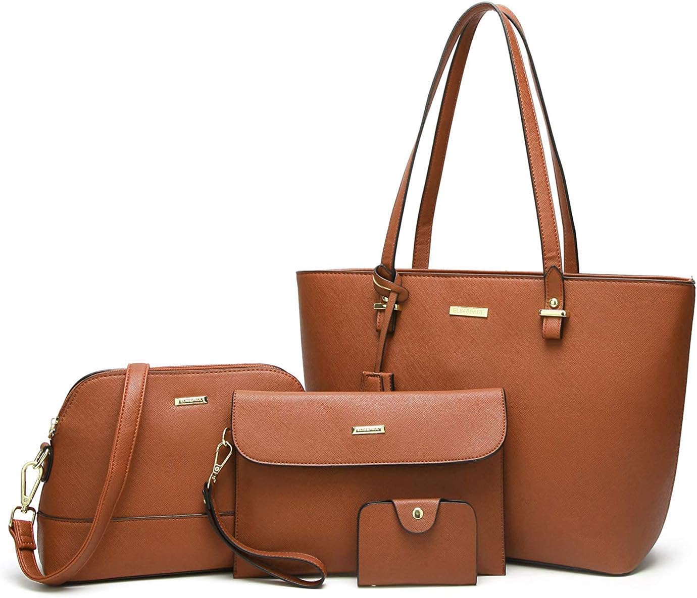 Elimpaul Women Fashion Handbags Tote Bag Shoulder Bag Top Handle Satchel Purse Set 4Pcs Brown, Medium