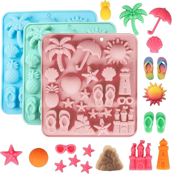 Summer Silicone Molds, 3 Pack Chocolate Molds Silicone Candy Molds Silicone for Chocolate Candy, Gummies, Fondant, Cake Decorating (Palm Tree, Starfish, Sandcastle, Umbrella)