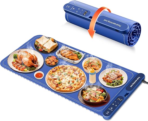 Warming Mat for Food Extra Large 32"x15", Electric Silicone Food Warmer Trays for Chafing Dishes & Buffet,Portable Countertop Food Warmers for Parties, 7-Level Temp 8-Hour Timer, Blue