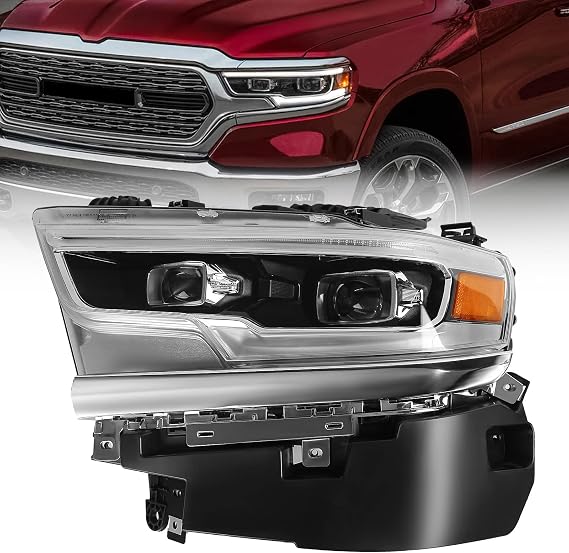 FIONE for Dodge Ram 1500 LED Headlight Assembly 2019 2020 2021 2022 Black Cover With Condenser Lens OE Style Headlamp Assemblies Left Driver Side 68316085AD CH2502321