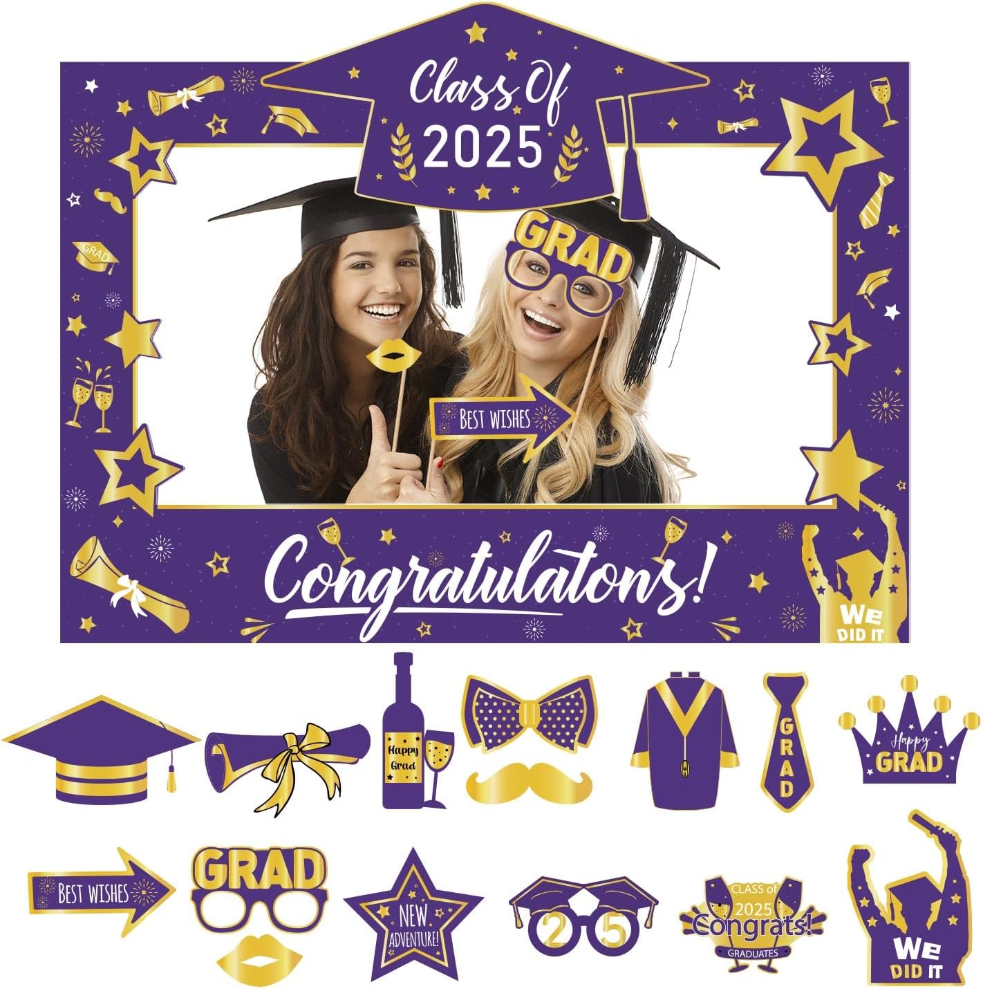 2025 Graduation Photo Booth Props, Grad Selfie Photo Booth Frame Black and Purple with 15 Pcs Graduation Photo Booth Props for College Grad Party Supplies