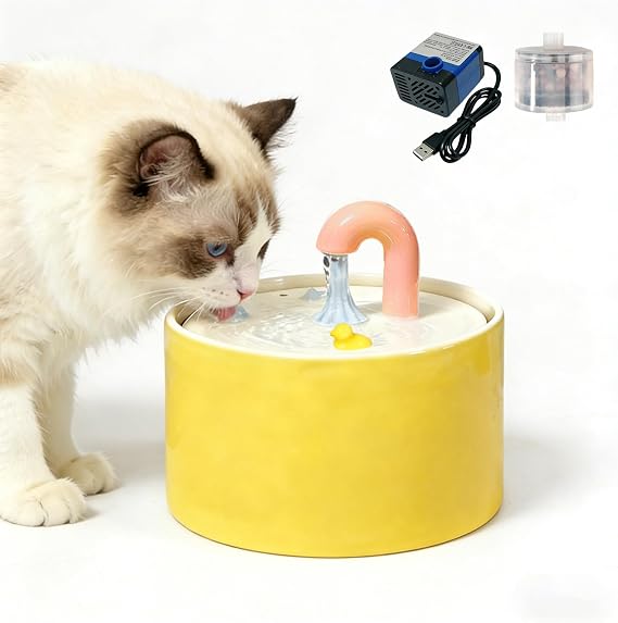 Automatic Ceramic Cat Water Fountain, 50oz/1.5L Yellow Water Bowl