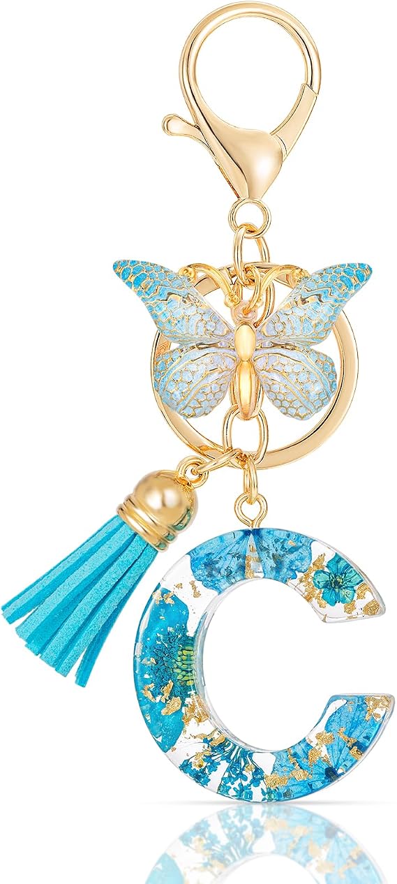 MWOOT Initial Letter Keychain Resin Alphabet Keyrings,Blue Petals Gold Foil Key Ring Charm,Cute Car Key Chain