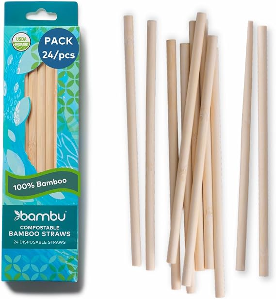 Bambu Pack of 24 - Disposable Bamboo Straws, Biodegradable Eco Friendly Products, Single Use Bamboo Straws, Wilt Free and Strong Compostable