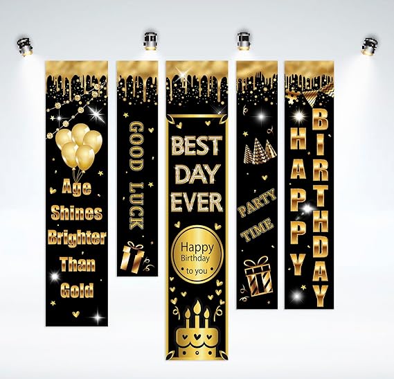 Black and Gold Happy Birthday Decorations - Hanging Banner Set, Happy Birthday Banner for Women Men Boy Girls