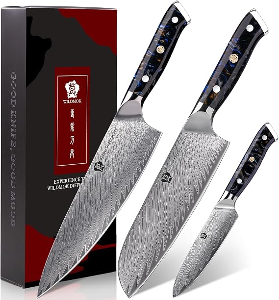 WILDMOK Damascus Kitchen Knife Sets 3 PCS, Japanese Kitchen Knife Set Damascus Steel Core, Ultra-Sharp Professional Chef Knife Set  Handle, Gift Box