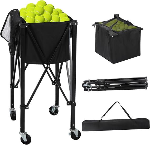 Portable Tennis Ball Hopper Holds 180 Balls, Tennis Ball Basket Cart with 4 Wheels & Brakes, Detachable Oxford Fabric Bag for Tennis and Pickleball Training, Black