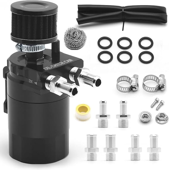 400ml Oil Catch Can Kit Universal for Cars/Trucks, Baffled Aluminum Reservoir with Breather Filter & Accessories, 3/8" Fuel Line Included, Fits 5.7 Hemi/5.3 Silverado and More, Black