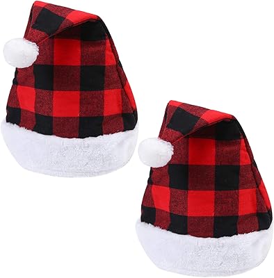 Aneco 4 Pack Red and Black Buffalo Plaid Santa Hats Christmas Plaid Hats Short Plush with White Cuffs for Adults & Kids