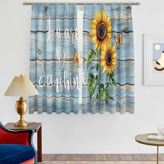 Yellow Sunflower Blackout Curtains for Bedroom, Butterfly Sunshine Blue Farmhouse Wood Room Darkening Curtains for Living Room with Hooks, Thermal Insulated Drapes 2 Panels, 79" Wx32 L