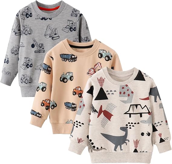 Boys Sweatshirt,Toddler 3 Pack Crewneck Cartoon Long Sleeve Pullover Tops