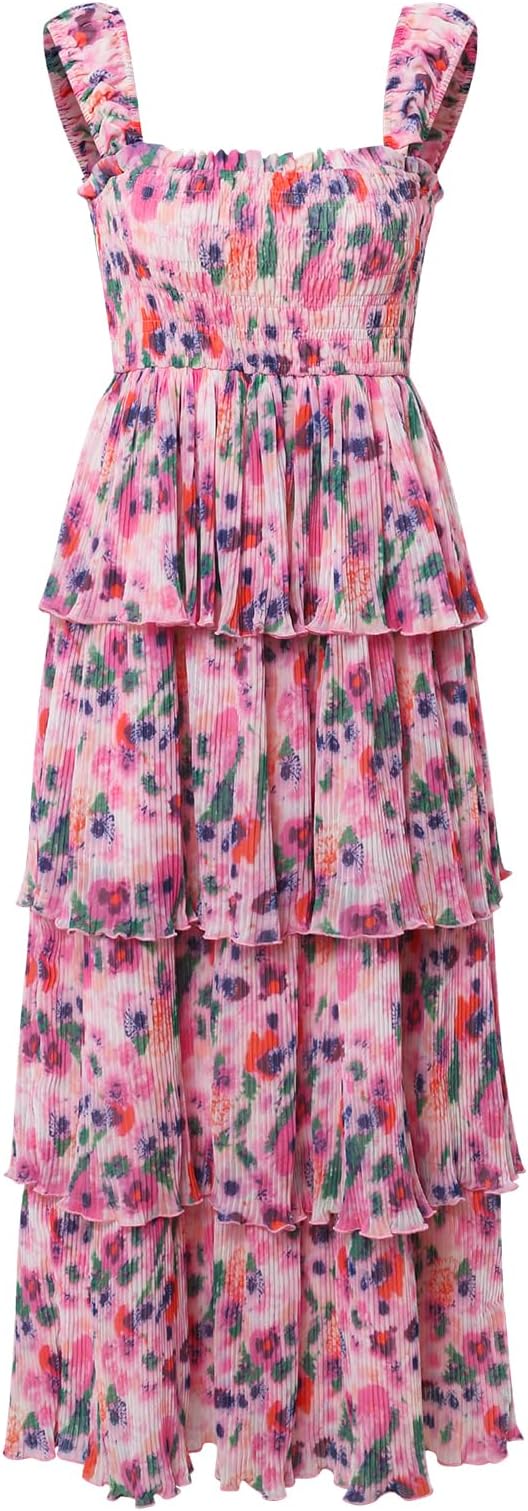 Women's Bohemian Summer Floral Printed Ruffle Pleated Halter Dress Beach Vacation Cute Pink Dresses