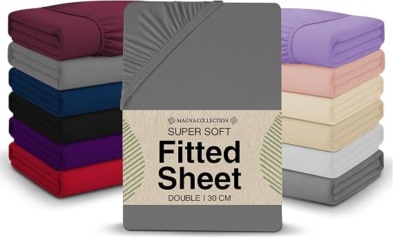 Double Fitted Sheet - 135 x 190cm with 30cm Deep Pocket, Soft Brushed Microfibre, Wrinkle-Free, Easy Care, Fade & Shrink Resistant by MAGNA COLLECTION (Grey, Double)