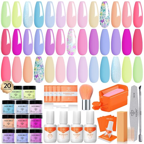 Modelones Dip Powder Nail Kit, 20 Colors Summer Pastel Pink Purple Blue | Liquid Set: Base, Top Coat, Activator & Bond, Complete Tools Included, No Lamp Needed Air Dry, Vitamin E Keratin Formula