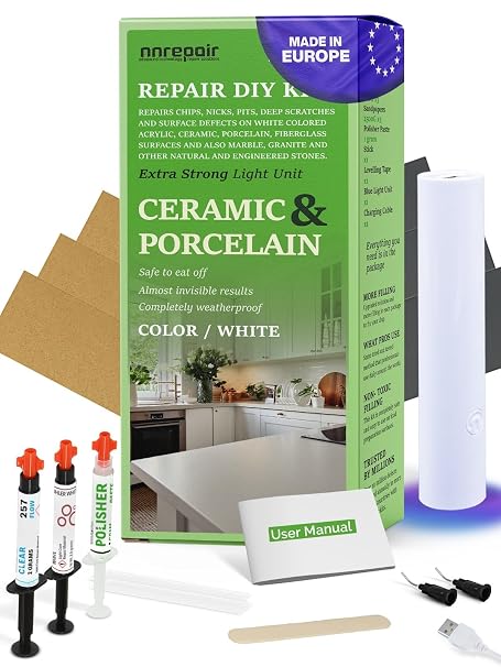 Porcelain Repair Kit (Clear/Transparent & White) - Fix Your Defects on Tiles, Sinks, Bathtubs & More I Suitable for Most Repairs I Upgraded Light Unit