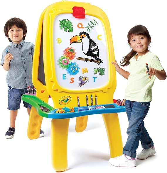 Crayola Deluxe Magnetic Double-Sided Easel Extra Large Magnetic Dry Erase & Chalkboard Adjustable Height Art Station with 4 Storage Bins & Paper Roll Includes Magnets & Gears