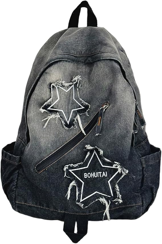 Grunge Backpack, Y2K Backpack Lightweight Travel Denim with Multi-Pocket Retro Jean Large Star Bag for Students and Adults