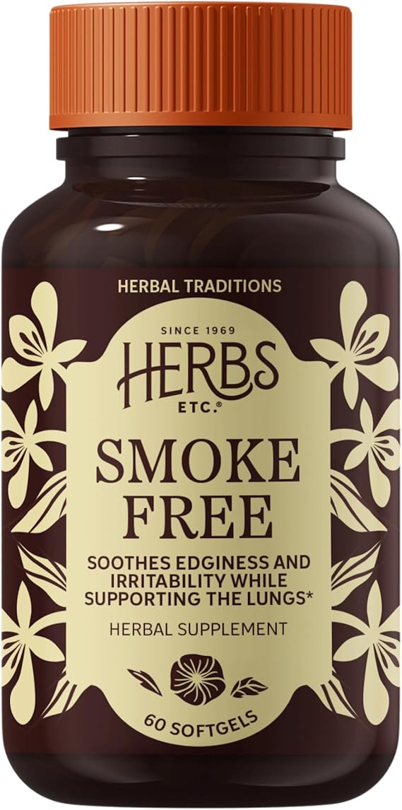 Herbs Etc. Smoke Free Softgels, Gluten-Free & Organic, 60 Count | Lung Support Supplement with Lobelia, Osha Root, Fresh Milky Oats to Soothe Edginess During Lifestyle Transitions, Organic