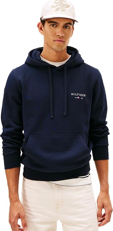 Tommy Hilfiger Men's Medium Weight Cotton Hoodie Sweatshirt With Embroidered Flag Logo and Drawstring
