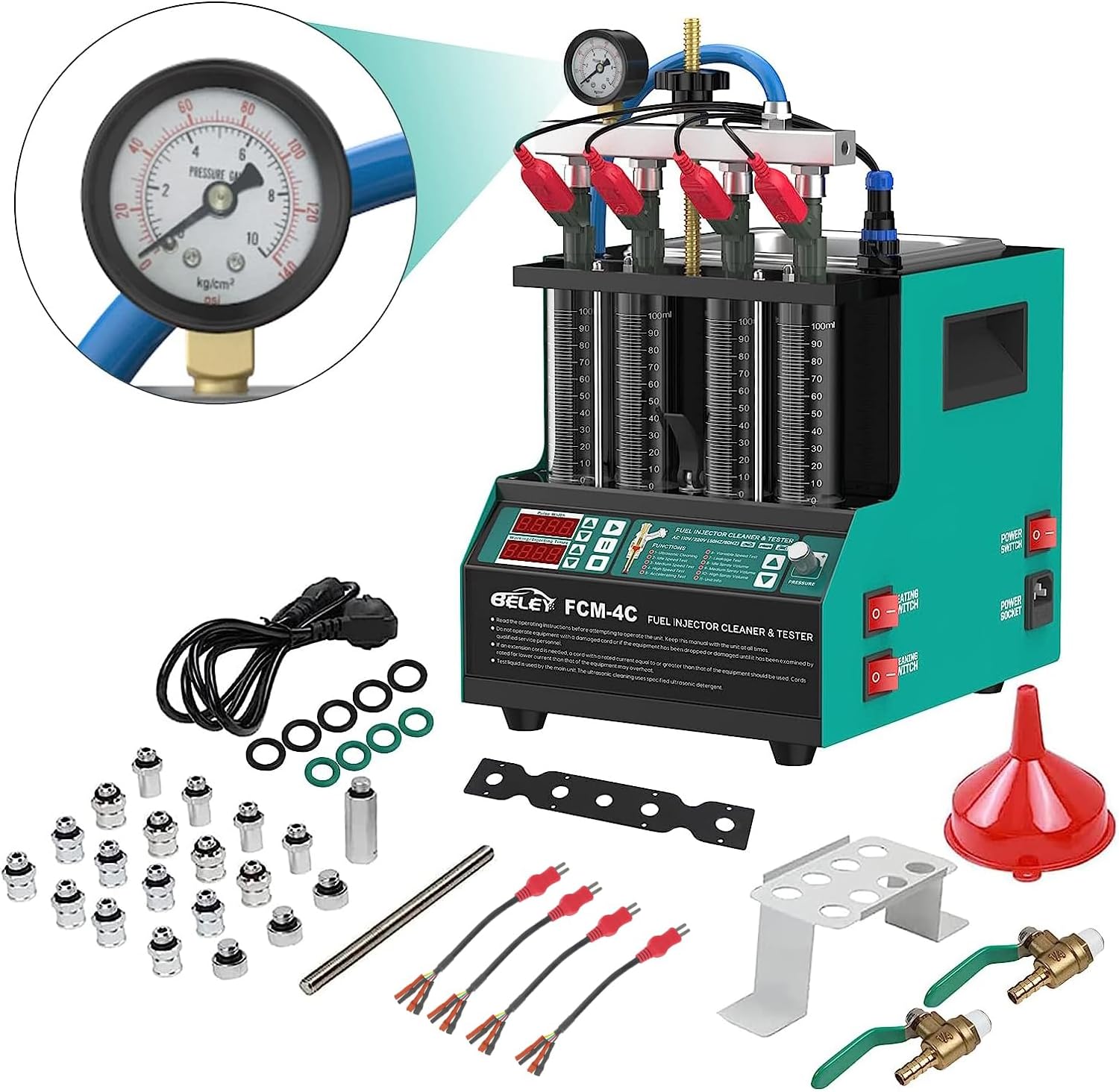 BELEY 110V Fuel Injector Tester Automotive Ultrasonic Fuel Injector Cleaner Machine for Car Motorcycle 4 Cylinders Engine Injection Test Kit