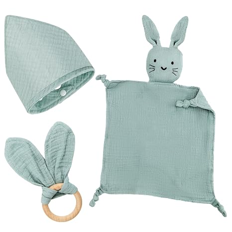 Baby Gift Boy Girl Newborn Gift Set Baby Gifts 3 Pieces Gifts for Birth with Cuddly Cloth Rabbit and Teether Wooden and Bib Baby for Newborn Baby Shower Things (Mint)