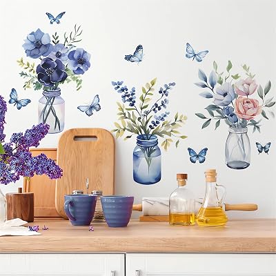 Blue Flower Vase Butterfly Wall Stickers, sacinora Floral Art DIY Wall Decals Removable Vinyl Peel and Stick for Living Room Bedroom Study Room Nursery Decorations