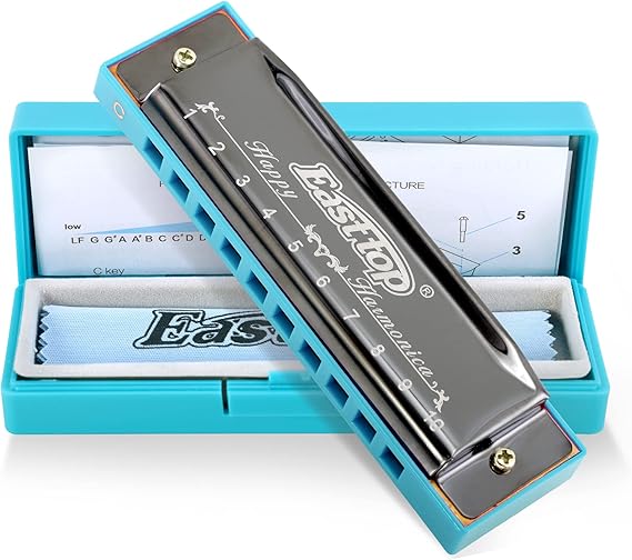 East top Blues Harmonica, Diatonic 10 Holes C Key Happy Harmonica Mouth Organ for Beginner,Kids,Children,Students,Gift,with Carrying Plastic Case,Clean Cloth and Manual