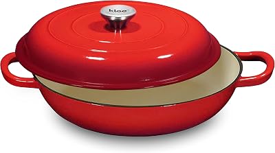 Klee 3.8 Quart Red Casserole Dish with Lid - Enameled Porcelain Coated Cast Iron Cookware Used as Braising Pan, Baking Pan, Saucepan, Frying Pan, and More - 3.8 Quart Capacity, 12 Inches