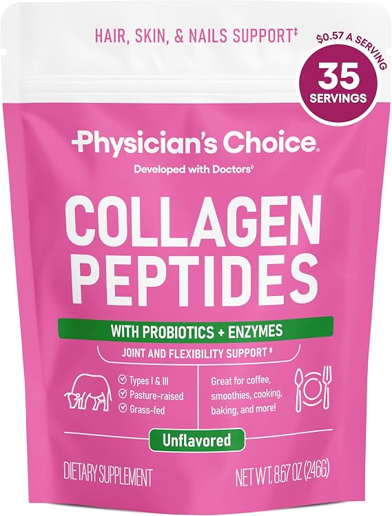 Physician's CHOICE Collagen Peptides Protein Powder, Grass Fed, 35 Servings | Hydrolyzed Collagen Protein, Grass Fed, Non-GMO, Unflavored, Supports Hair, Skin, Joint Health for Women & Men