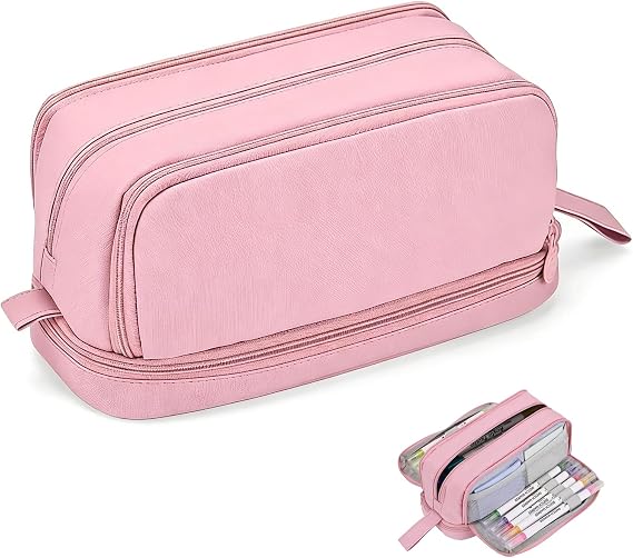 LEEPAT Large Capacity Pencil Case with 4 Compartments for Boys Girls, Desk Stationery Organizer Pencil Pouch with Handle, Portable Pencil Case for School Office Supplies (Pink)
