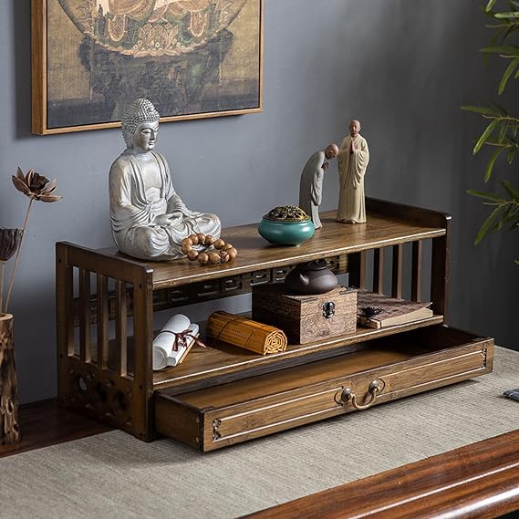 3-Tier Altar Table for Spiritual Puja Table with Drawer Table Top Storage Meditation Table for Living Room Oriental Style Coffee Table Cabinet Natural Bamboo