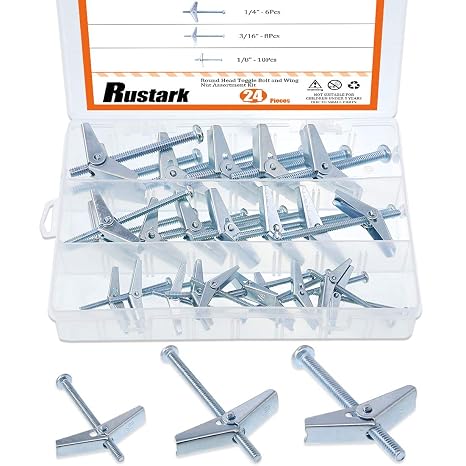 24-Pcs 1/4'' 1/8'' 3/16'' Zinc Plated Steel Round Head Toggle Bolt and Wing Nut Assortment Kit for Hanging Heavy Items on Drywall