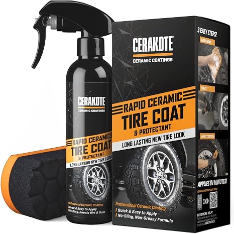 Cerakote Rapid Ceramic Tire Coat Spray - Long Lasting Ceramic Coating with New Tire Look for Cars and Trucks - Easy to Use Applicator and Quick Drying for Professional Results - 8 fl oz