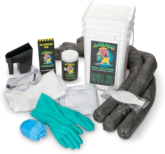 Aabaco Universal Spill Kit, 40 Gal, Socks, Pads, Powder & Gloves | Compact bucket; 40 gallon capacity; socks, powder, gloves, goggles, boot covers & coverall