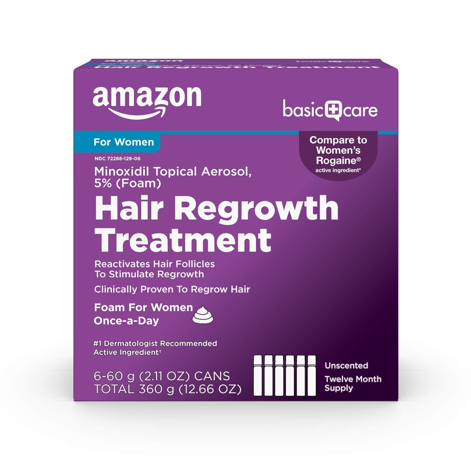 Amazon Basic Care Hair Regrowth Treatment For Women, Minoxidil 5% Topical Aerosol Foam, 12 Month Supply, Unscented, 2.11 ounce Pack of 6