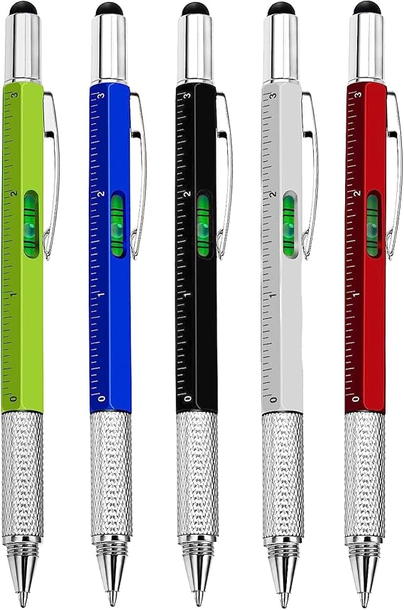 6 in 1 Multi Tool Ballpoint Pen 5 Pack Stocking Filler Gift Pen for Men Stocking Filler- Screwdriver Pen Ruler Stylus Spirit Level