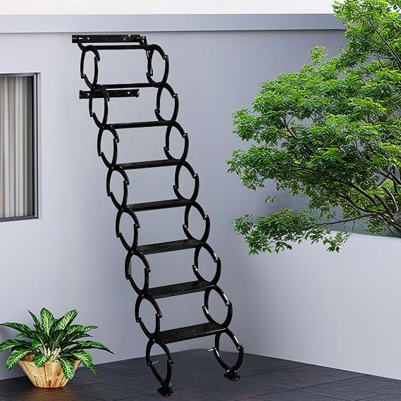 8 Steps Wall Mounted Attic Ladder, Indoor Attic Stairs Pull Down System, Metal Telescoping Step Ladders, Anti-slip Retractable Folding Stair, Loft Extension Steps Staircase for Garages(black, 8 Steps)
