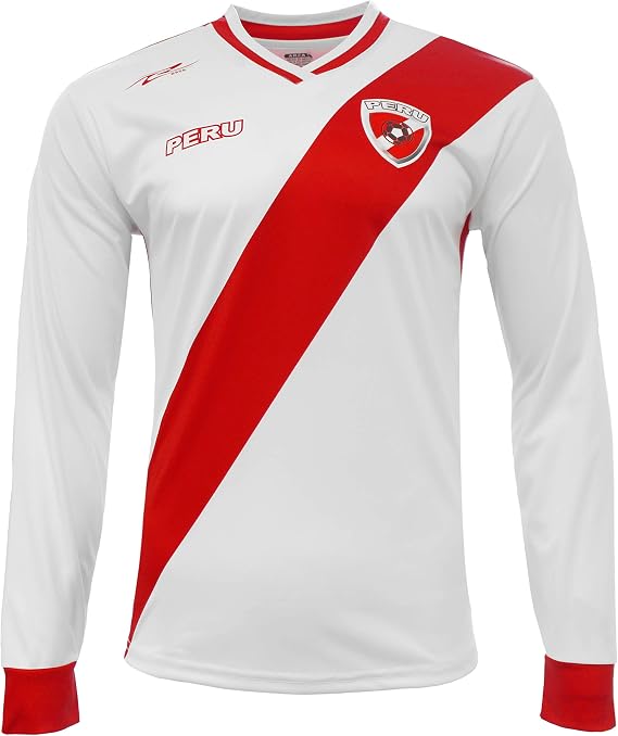 ARZA Sports Mens PeruInspired Long Sleeve Soccer Fan Jersey White/Red Performance Shirt Sash Design