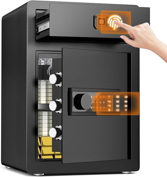 2.4 Cu Ft Small Safe Box Fireproof Waterproof -Home Safe with Biometric Fingerprint Drawer & Removable Shelf, Dual Alarm System,Gun Safe for Documents, Money, Jewelry, Office & Hotel