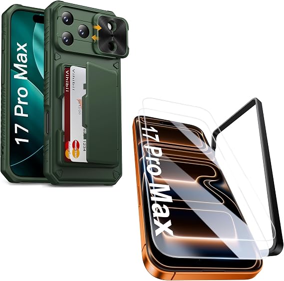 Vihibii for iPhone 17 Pro Max Case with Card Holder & Screen Protector [2 Pack] & Slide Camera Cover, Bulit-in 9H Hardness Tempered Glass Film with Easy Installation Tool for iPhone 17 Pro Max, Green