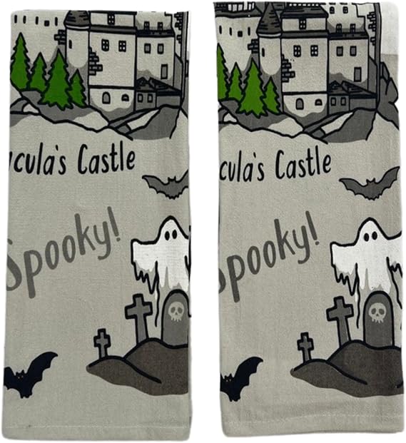 Serafina Home Halloween Kitchen Hand Dish Towel: Dracula's Castle with Bats Spiderwebs Ghosts Design, 100% Cotton, Two (2) Piece Set