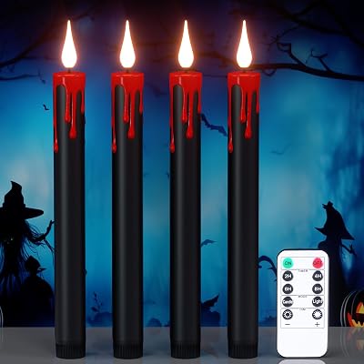 DRomance Black Flameless Taper Candles Flickering with Remote and Timer, Blood Dripping Wax Effect Battery Operated Yellow Light LED Taper Candles Dinner Halloween Spooky Decor4 Pack, 0.78 x 8.9