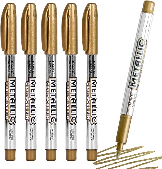 Qkhcable 5 Pcs Gold Metallic Marker Pens, Glittering Gold Permanent Markers