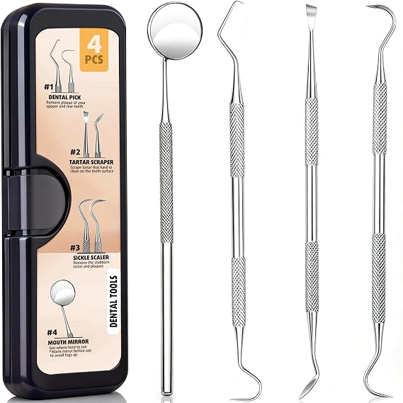 Dental Tools, Dental Pick Scraper Hygiene Teeth Cleaning Tools Kit | Stainless Steel, Rustproof, Comfortable Handle, Travel Case, Durable, Effectively, Plaque & Tartar Remover, for Home & Pet
