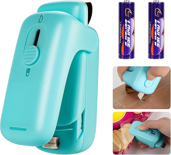 Mini Bag Sealer, Kenossion Chip Bag Sealer - Bag Sealer Heat Seal with Cutter & Magnet, Portable Mini Sealing Machine to Reseal Plastic Bags & Keep Snacks Fresh (2xAA Batteries Included), green