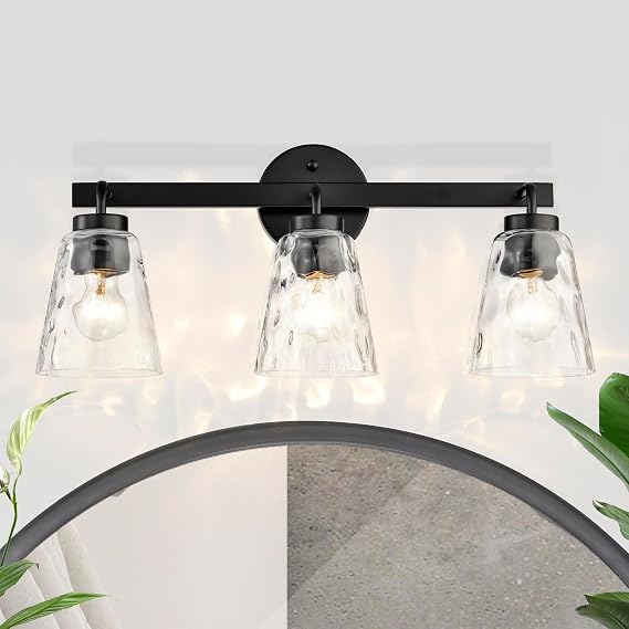 Edvivi 3-Light Bathroom Vanity Light Fixtures, Modern 22 in. Matte Black with Hammered Clear Glass Shade Bathroom Lights Fixture, Indoor Wall Sconces Lighting for Mirror, Bedroom, Living Room, Hallway
